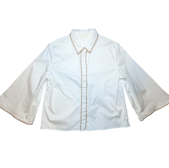 M. Martin Tops - M. Martin White Poplin Cotton Buttondown Blouse Bell Sleeve Tan Piping Size M